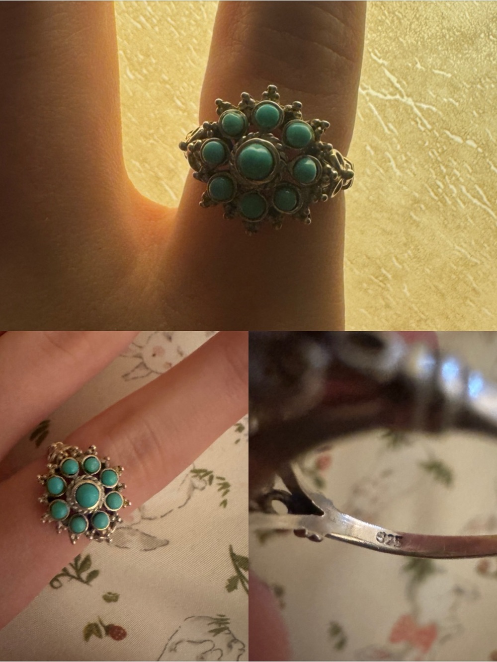 Turquoise flower ring with silver band